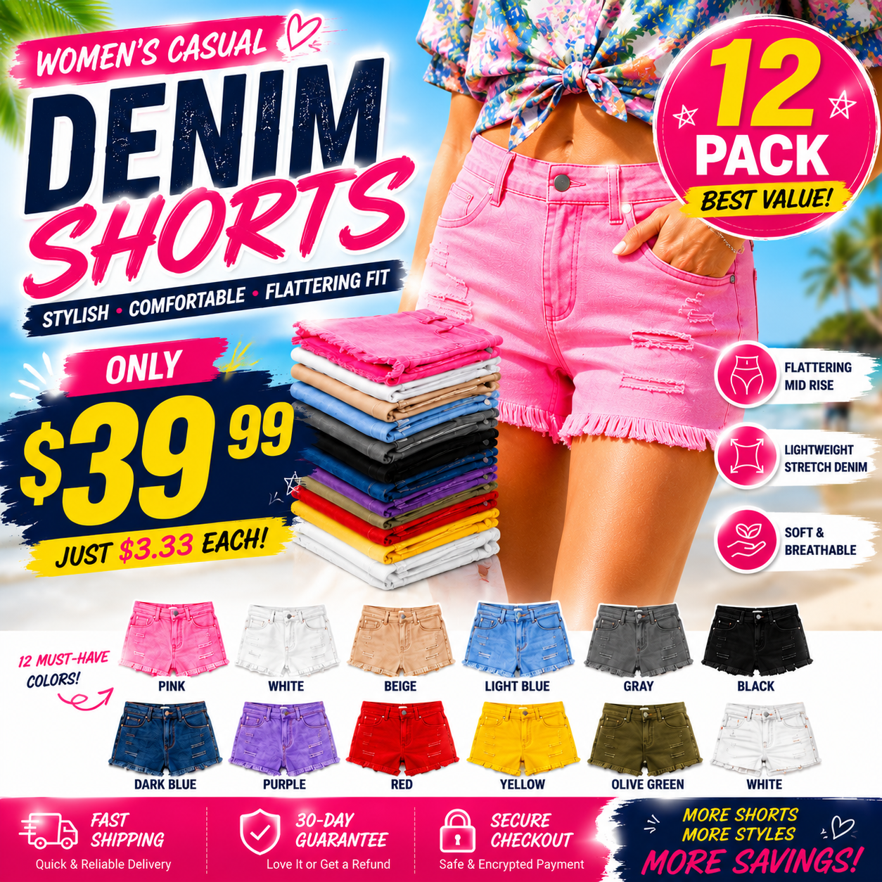 Women's Casual Mid Rise Denim Shorts
