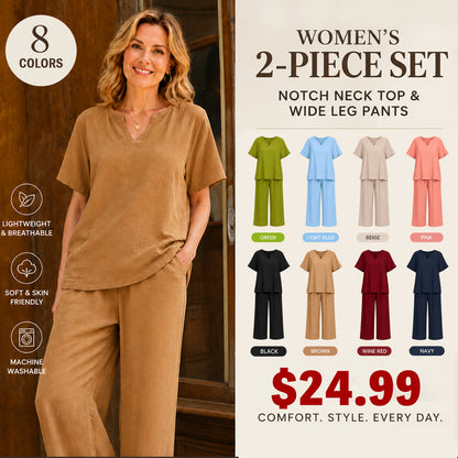 ❤️Women's Solid Short Sleeve Top & Loose Wide Leg Pants 2-Piece Set
