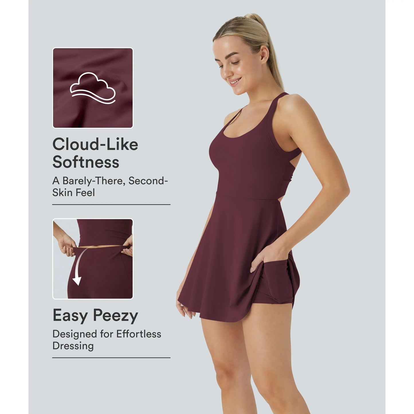 Backless Sleeveless Criss Cross Active Spring Dresses for Women - Easy Peezy, Dresses with pockets for Yoga Workout Running, Women's Sports & Outdoor Clothing