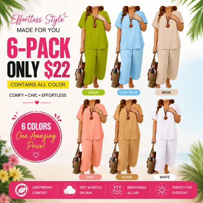 ❤️Women's Solid Short Sleeve Top & Loose Wide Leg Pants 2-Piece Set