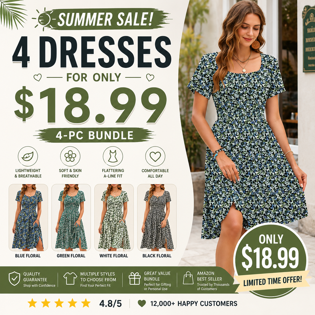 Women Square Neck Ditsy Floral Dress, Ruffle Empire Waist A-Line Sundress With Pockets