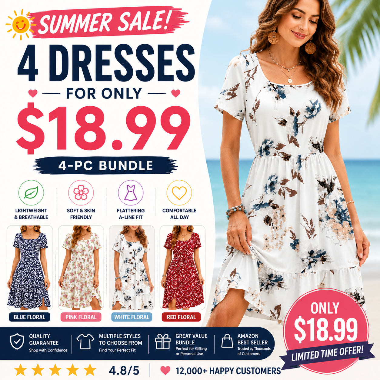 Women Square Neck Ditsy Floral Dress, Ruffle Empire Waist A-Line Sundress With Pockets
