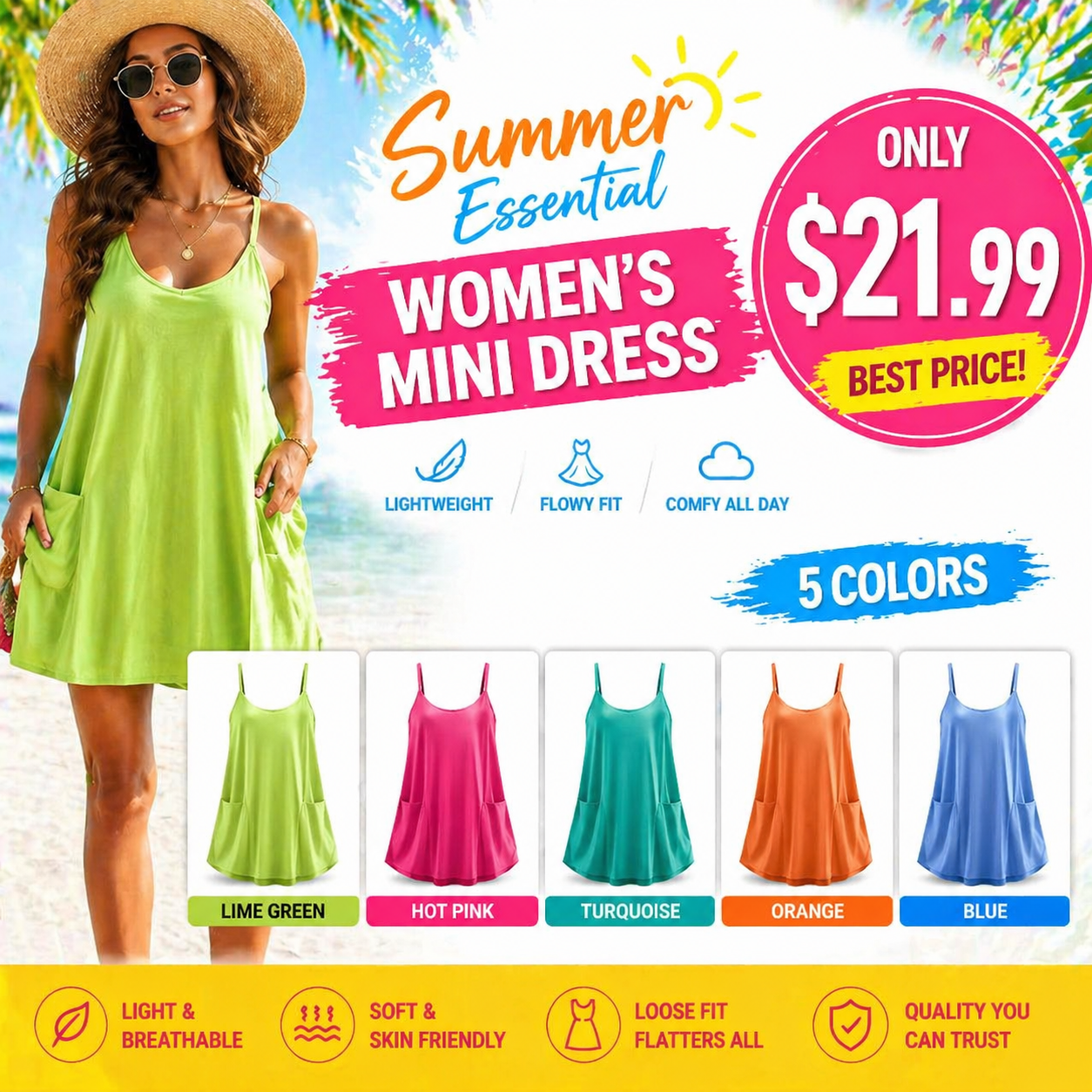🔥Summer Sale❤️Womens Summer Sleeveless Mini Dress V Neck Spaghetti