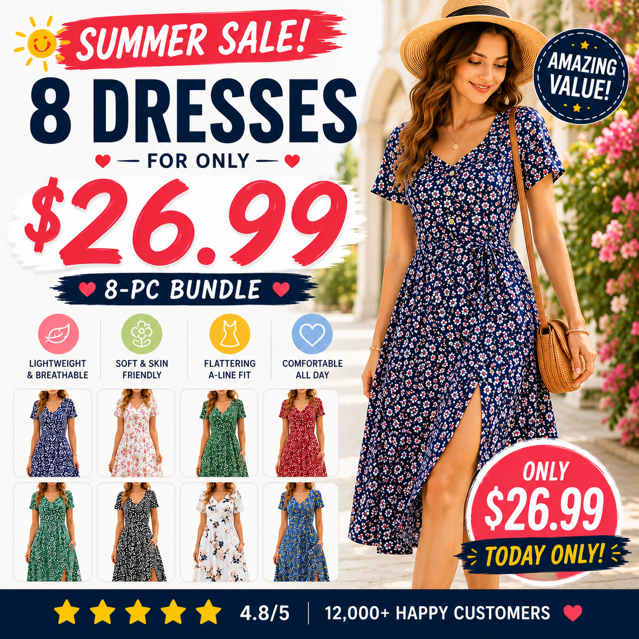 Women Square Neck Ditsy Floral Dress, Ruffle Empire Waist A-Line Sundress With Pockets