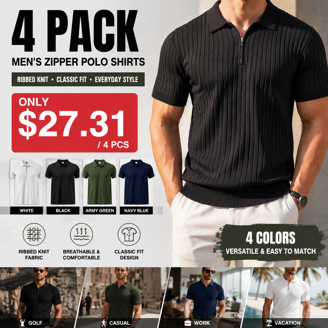 🔥Men's Ribbed Knit Zipper Polo Shirt – Short Sleeve Casual Golf Shirt
