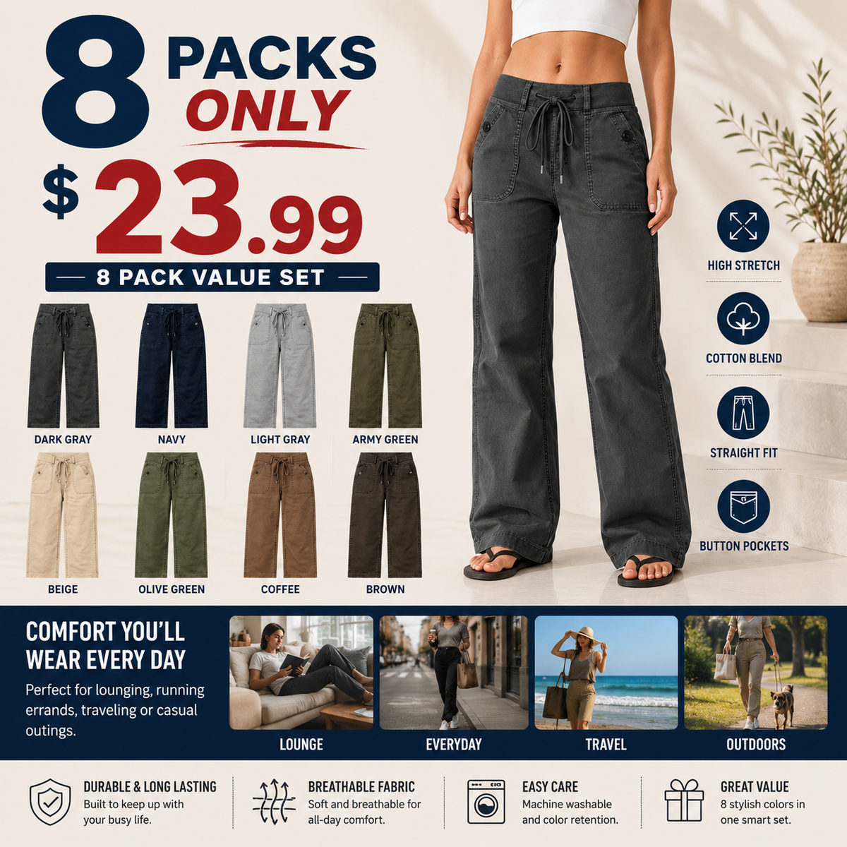 Women's High Stretch Mid Rise Straight Pants