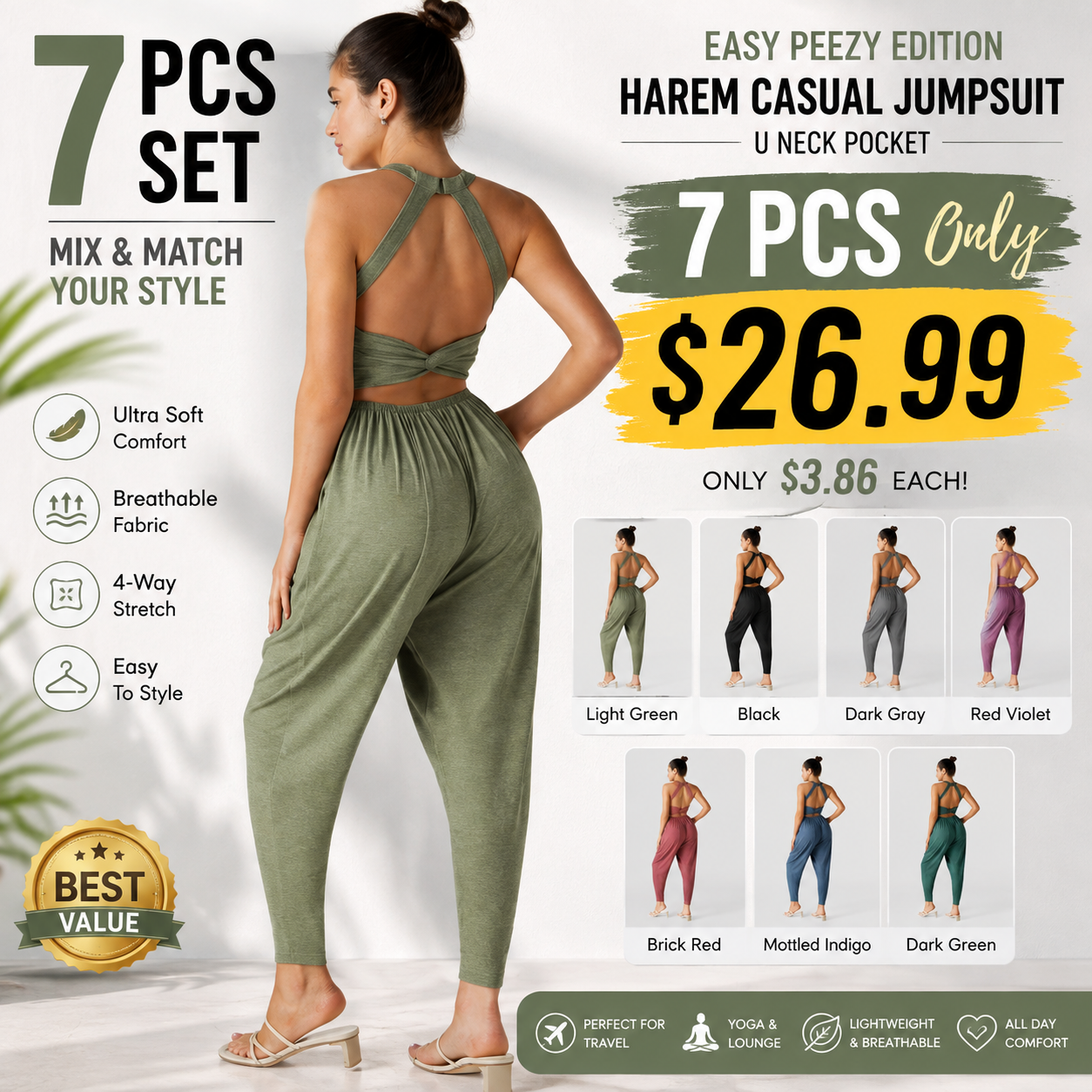 🔥U Neck Pocket Harem Casual Jumpsuit-Easy Peezy Edition
