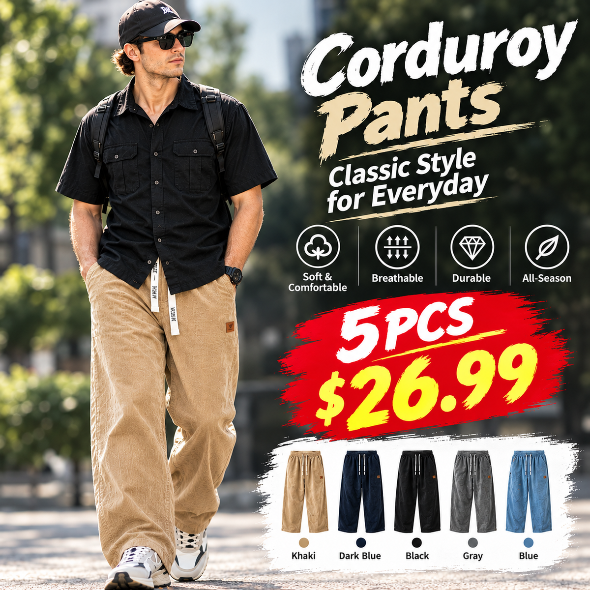 🔥Men's Relaxed Fit Corduroy Pants – Casual Wide Leg Trousers
